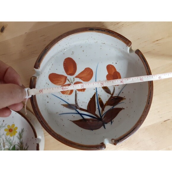 Vtg MCM Otagiri Brown Speckled Stoneware Ashtray Hand Painted Floral Japan Set - Picture 7 of 7